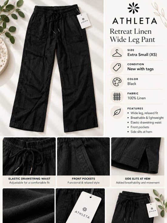 Athleta Pants - Womens Athleta Retreat Linen Wide Leg Pant Black Size XS NWT